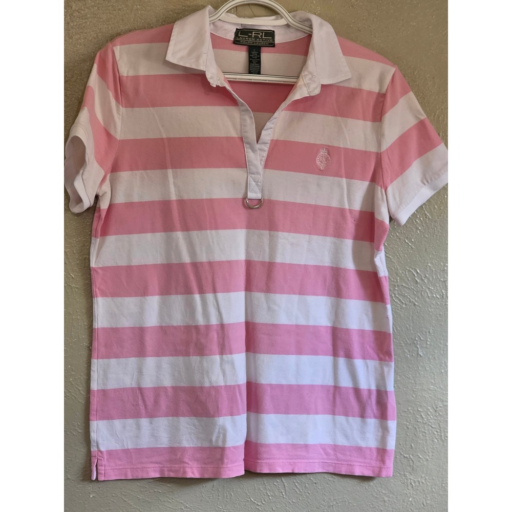Lauren Active Ralph Lauren Pink White Striped D-Ring Polo Shirt Womens Large